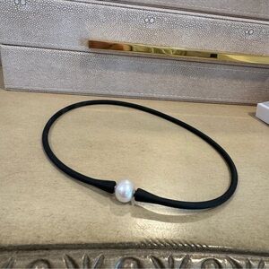 Luxury Designer Black Leather Necklace with a Real Cultured Pearl